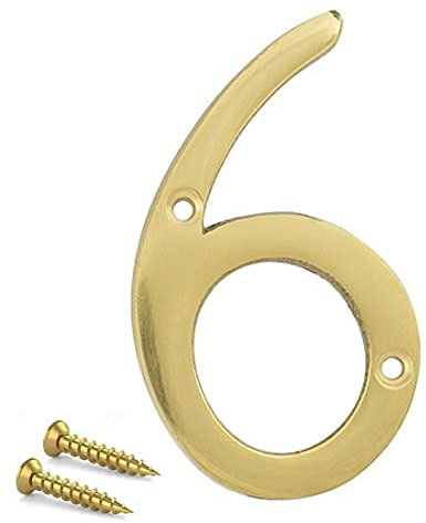 TERF® 3 Inch (75mm) Brass Polished Finish Screw Fix Front Door Number '' 6 '' Mailbox Hotel House Door Number Suitable for All Door Types Wooden, u PVC and Composite With Fixing Screw [ Number - 6 ]