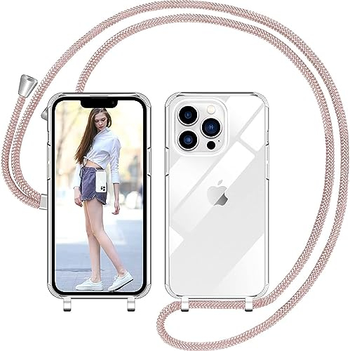 Nupcknn Liquid Silikon Handykette Hülle für iPhone 13 Pro Max Hülle Necklace(abnehmbar) Hülle mit Kordel zum Umhängen Handy Schutzhülle mit Band(Roségold, 6.7)
