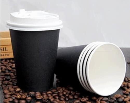 HOT BARGAINS, 50 X 12oz Black Insulated Takeaway Disposable Double Wall Paper Coffee and Cold Drinks Cups to Go with White Lids (12oz)
