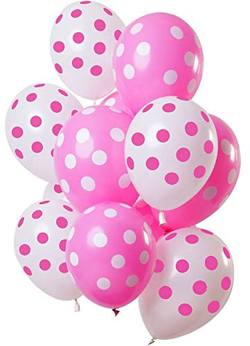 Folat 68840 Ballons Punktmuster Pink-Weiß 30cm - 12 Stück Latex Helium Luftballon, Geburtstag Deko