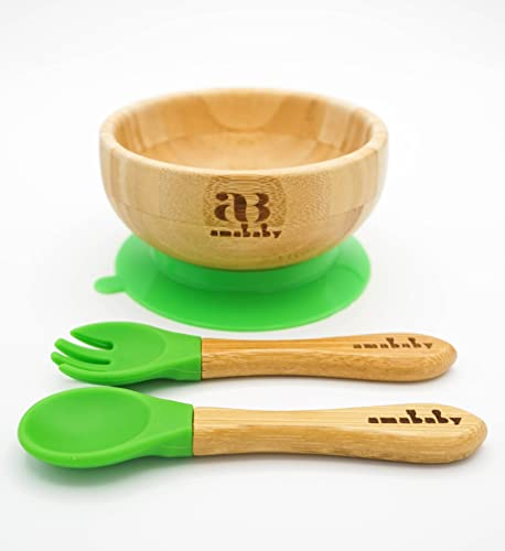 Amonev Ensemble de bols en bambou pour bébé avec cuillère et fourchette à ventouse. Les bols restent bien en place, ce qui rend l'heure des repas un plaisir naturel en bambou sans BPA, facile à