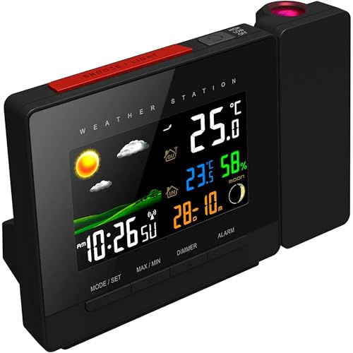 FISHTEC - Station météo multifonction avec écran couleur, capteur extérieur sans fil, prévisions illustrées, réveil snooze 5-10 min, projection mur/plafond, radio-pilotée heure automatique