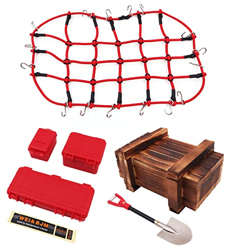 WANGCL 6PCS Remote Control Car Roof Rack Accessories with Cargo Net Mini Red Toolbox Wooden Box Shovel for 1/10 RC Car RC Crawler Monster Trucks Compatible with TRX4 SCX10/D90