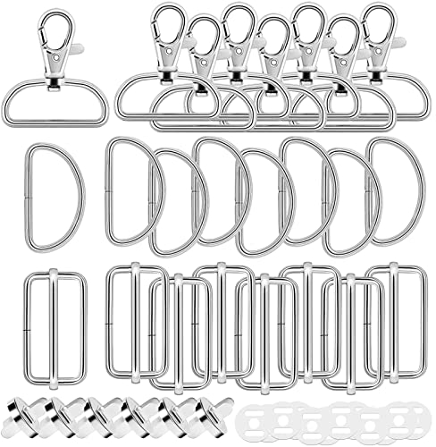 Drehbare Karabinerhaken 30Stk Schlüsselanhänger D-Ringe Triglide-Schiebeschnalle Magnetknöpfe Taschenverschluss Metall Halbrund Schnallen Hardware Dornschließe für Rucksack DIY Zubehör (Silber)