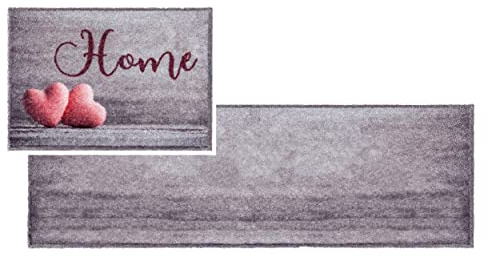 ASTRA Flauschige Sauberlaufmatte - Pure & Soft - Home Herzen Silber 2er Set 50x70 & 50x150 cm - Waschbarer Küchenteppich innen - Türmatte strapazierfähig