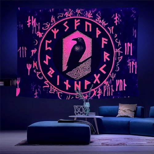 Arsey Wikinger Schwarzlicht Wandteppich UV Reactive Rot Meditation Runen Odins Rabe Nordische Mythologie Wandteppiche Im Dunkeln Leuchtend Tapestry Wandbehang Schlafzimmer Groß 200x150cm