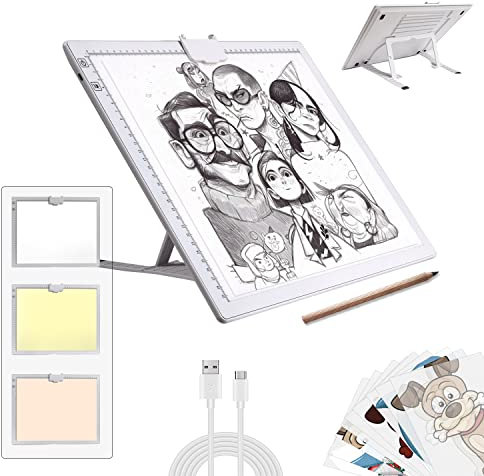 A3 Rechargeable Light Pad, Battery Powered Light Board with Stand Top Magnetic Clip 3 Colors Stepless Dimmable 6 Levels Brightness Light Box for 5D Diamond Painting Drawing Sketching Animation (White)