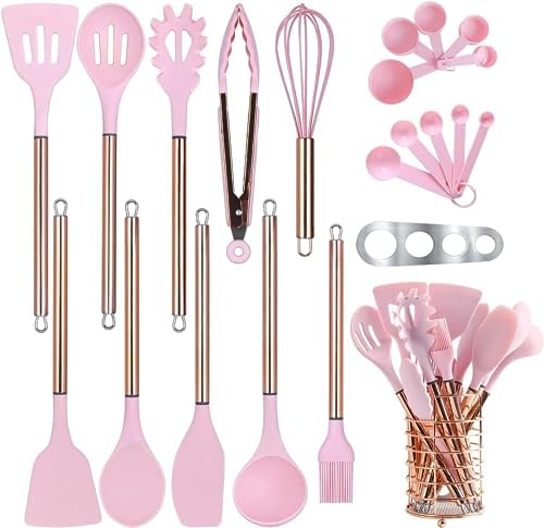 Arquiel Küchenhelfer Set Silikon, 22-teiliges Küchenutensilien Set mit Edelstahlgriff, Kochgeschirr Set mit Utensilienhalter, Messlöffelsets Küchenset (Rosa und Gold)
