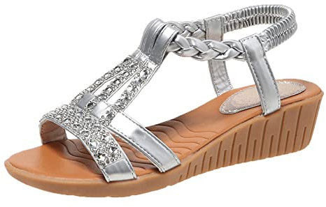 OALEEN Chaussure Sandale Femme Eté Plage Compensée Orthopedique Confortable Bohème Strass Nu-pieds Bride Cheville Mariage Argenté 42