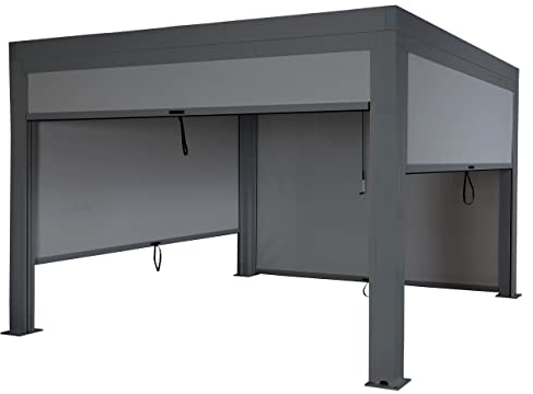 Pergola HWC-L46 mit Seitenwand, Gartenpavillon Lamellen-Pavillon Rollo, 10cm-Alu-Gestell, sturmfest 3x4m - anthrazit