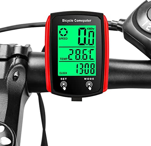 Bicycle Speedometer,Waterproof Wireless Cycle Bike Computer Bicycle Odometer,Waterproof Bicycle Speedometer Bicycle Computer with LCD Display for Bike Accessory Red Black
