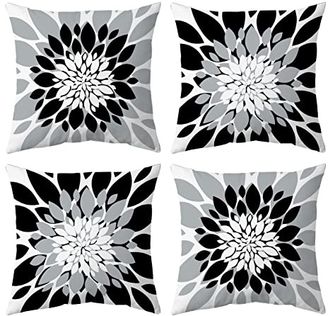 Black and Grey Throw Pillow Covers Set of 4 Outdoor Waterproof Pillow Covers Modern Decorative Dahlia Floral Couch Pillowcases for Patio Bedroom Living Room Sofa, 16 x 16, White