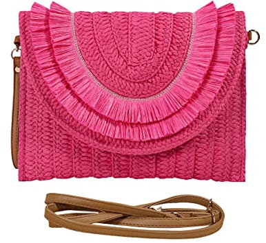 Sac à Main Portefeuille en Paille pour Femme, Sac à Bandoulière Tissé de Plage d'été Pochette Enveloppe, Sac de Messager Bohémien en Paille Fait à Main Porte-Monnaie pour Voyage Vacances Rose