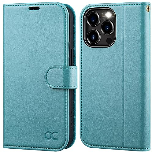 OCASE iPhone 15 Pro Hülle Handyhülle [Premium PU Leder] [Kartenfach] [Standfunktion] RFID Schutzhülle Klapphülle Handytasche Lederhülle Kompatibel für iPhone 15 Pro Blauer See