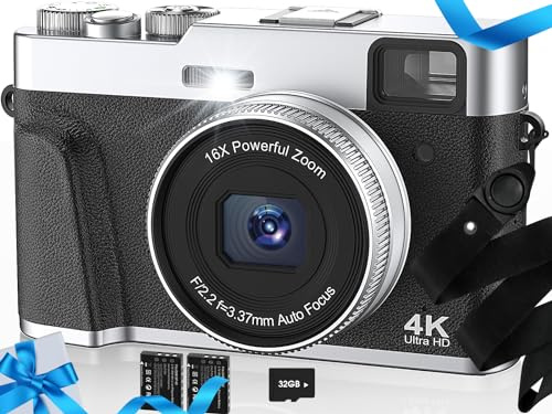 Upgraded 4K 48MP Digital Camera with SD Card Autofocus | Point and Shoot Camera with Flash Viewfinder & Dial,Vlogging Camera Anti-Shake,16X Zoom Portable Travel Camera,2 Batteries