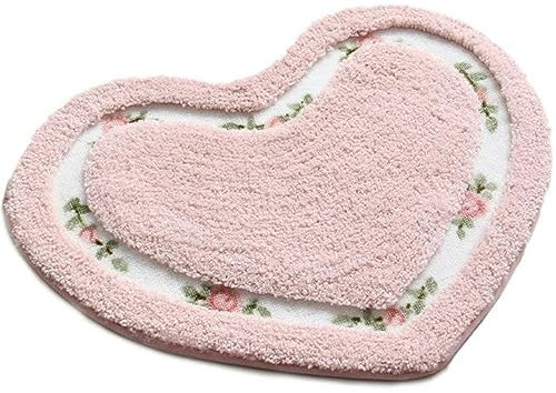 Tappeto da bagno a forma di cuore con rosa floreale, tappeto decorativo, morbido, antiscivolo, per casa, cucina, soggiorno, WC (rosa)