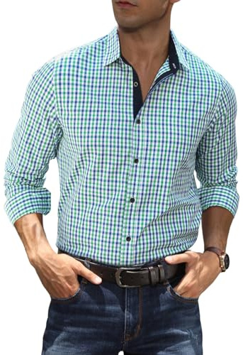 Elegancity Mens Dress Shirt Plaid Cotton Business Formal Shirts Regular-Fit Wrinkle-Free Long Sleeve Button Down Casual Shirts (Green, Medium)
