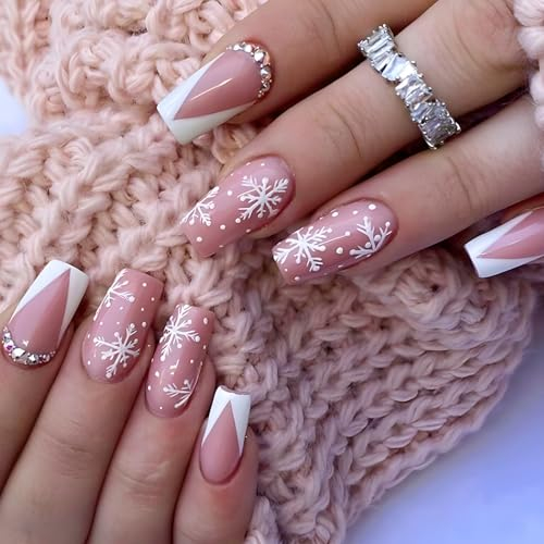 24Pcs Christmas Press on Nails Medium Coffin, French Glossy Pink False Nails with Rhinestone Snowflake Designs, Ballerina Reusable Stick on Nails Acrylic Full Cover Fake Nails for Women Girls