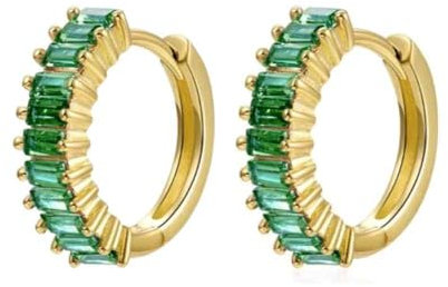 GOLDENCAT Pendientes Magic Dorados, Pendientes Aro Circonitas, Aros Pequeños con Piedras, Argollas Zircon, Aretes, Diámetro aro 15 mm, Grosor del aro 2 mm, Plata de Ley 925 Baño Oro, Zircon Verde
