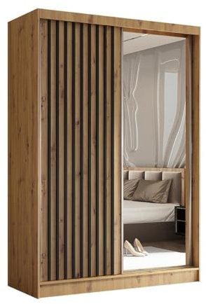 BEAUTY SOFA Helix - Schrank mit Spiegel - Kleiderschrank mit Schiebetüren und Lamellen - Garderobenschrank, Mehrzweckschrank, Flurschrank - 150cm breit - Artisan & Lamellenfarbe Schwarz