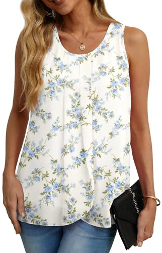 IWOLLENCE Womens Summer Vests Tops Blouses Chiffon Sleeveless Round Neck Lining Casual Shirts Flowy Floral Ladies Tank Tops for Women UK (Flower Blue XL)