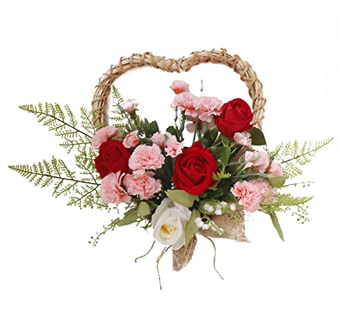 Künstliche Rosen- und Nelkenkränze, Willkommensschild, Hängende Alltägliche Tulpen- und Maiglöckchenkränze mit Blättern, Herzförmige Kränze aus Rattan für Den Frühling und(Rot und Rosa)