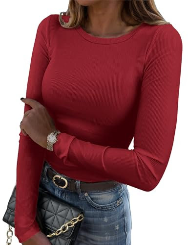 Zeagoo Maglietta a Maniche Lunghe da Donna Maglia Girocollo Aderente Basic Top Costine Slim Fit Elegante T-Shirt Elasticizzato Tinta Unita Intimo Autunno Inverno Vino Rosso M