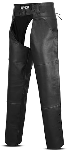 BYKR - Pantalon de moto en cuir pour homme et femme - Chaps de cowboy pour cavaliers et motards - Style vintage - Taille et longueur réglables, Noir/blanc, 38inch