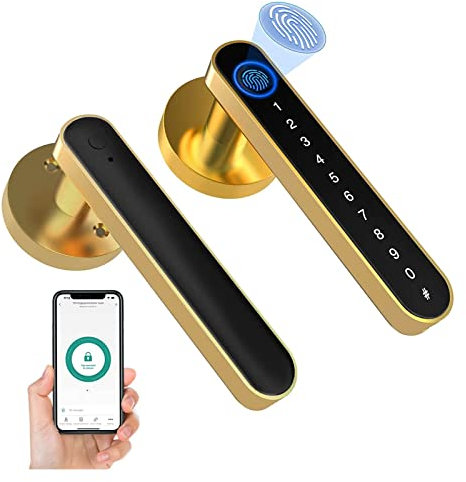 STRAFBRG Smart Door Handle Tuya Fingerprint Door Lock for Bedroom Apartment Smart Smart Door Lock Password Electronic Digital Lock Keyless Entry Door Knobs Anti-Theft Smart Door Locks(Gold)