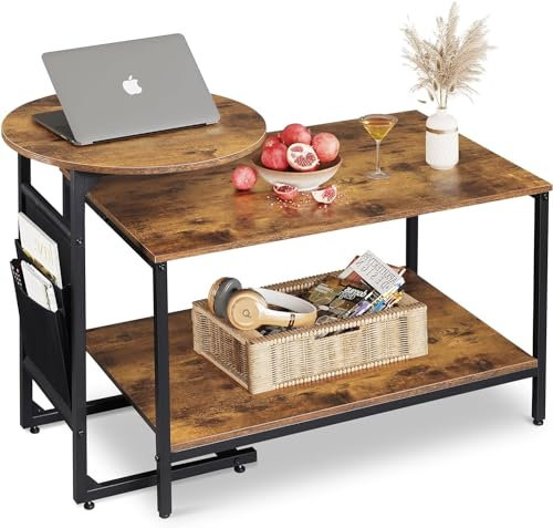 WLIVE Coffee Table, Round C-Shaped Side Table with Storage and 2-Tier Square Table, Steel & Wood, Customizable Layout for Living Room, 48cm & 80cm Coffee Table, Rustic Brown