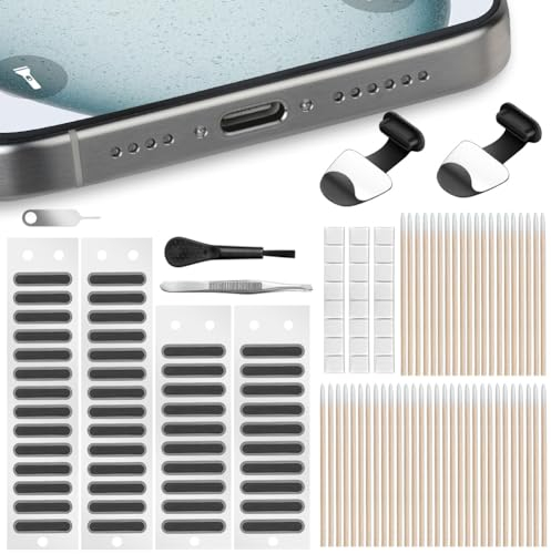 AXFEE Adhesivo para La Red de Altavoces del Teléfono Móvil, Kit de 108 Protectores de Calcomanías a Prueba de Polvo, Tapón Antipolvo para Altavoz, con 2*Puerto de Carga USB C Tapón Antipolvo