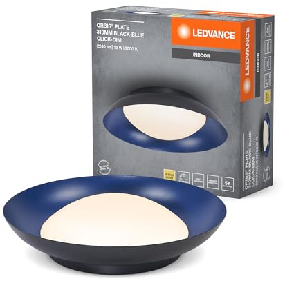LEDVANCE Orbis Plate LED-Deckenleuchte, schwarz-blau, 19W, 1000lm, 3000K, 310mm, 830 freundliches Warmweiß, durch Kicken in 3-Stufen dimmbar, IP20 Schutz, Montageschrauben und Dübel inklusive