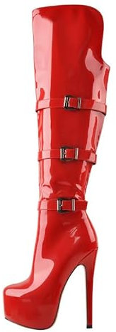 VERISSON Stivali da donna con plateau con tacco alto, a spillo sopra il ginocchio, rosso laccato, 37 EU