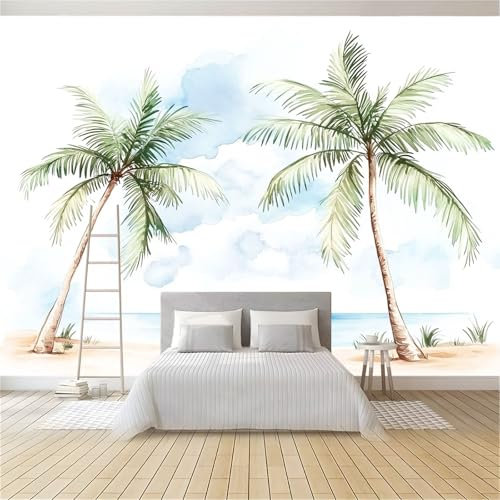 Papier Peint Panoramique Aquarelle Plage Palmiers Personnalisable Papier Peint Intissé Décoration Murale 250 x 175 cm Mural Décoration Pour Chambre Salon Chambre D'Enfants Blanc Vert