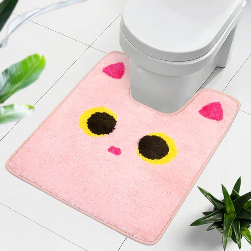 Yamepuia Badematte rutschfest -Wc Vorleger Mit Ausschnitt,Rosa Katze Bathroom Mat,Weich und SaugfäHig Waschbar Wc Teppich FüR Freistehende Toiletten,Rosa- 62x52cm
