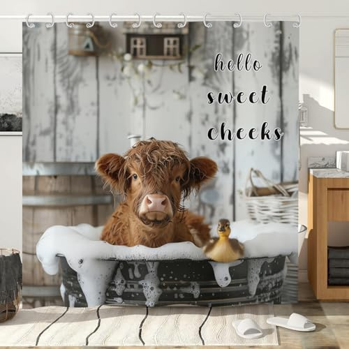 Hnmdmyi Duschvorhang Lustige Hochland Kuh 240x180, Bauernhaus Western Tier Rind Ente Baden in Sprudelnder Badewanne Badewanne Vorhang Wasserdicht Polyester Stoff Waschbar Badevorhang mit Haken