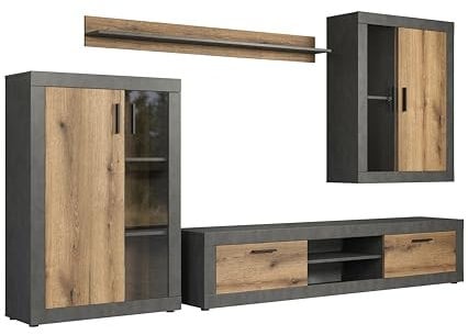 trendteam smart living - Salvada - Wohnwand (2 Vitrinen + 1 TV-Lowboard + Wandboard) - Matera/Evoke Eiche - (BxHxT) 285 x 188 x 40 cm - Wohnzimmermöbel für Fernseher bis 65