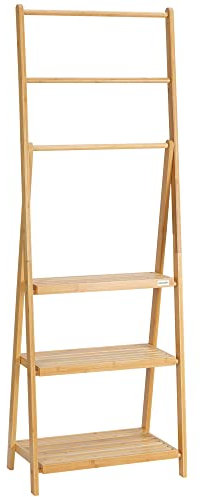 kleankin Porte-Serviettes Pliable sur Pieds Porte Serviette Salle de Bain avec 3 Barres de Suspension et 3 étagères en Bambou, 53 x 30,5 x 152 cm, Bois Naturel