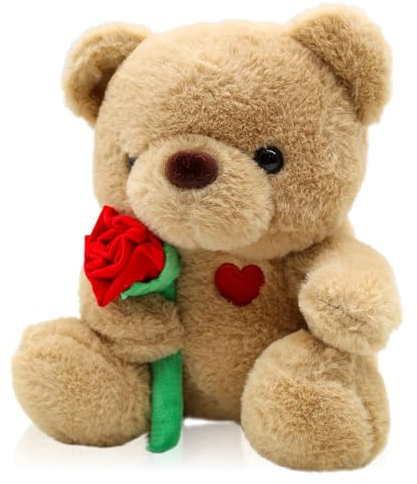 Teddybär, Teddy mit Rose 25cm, Plüsch-Bär Teddy Kuscheltier, Muttertagsgeschenke für Mama, Süßer Stoffbär Spielzeug als Geschenk für Mama, Freundin, Kinder zu Valentinstag, Geburtstag, Muttertag