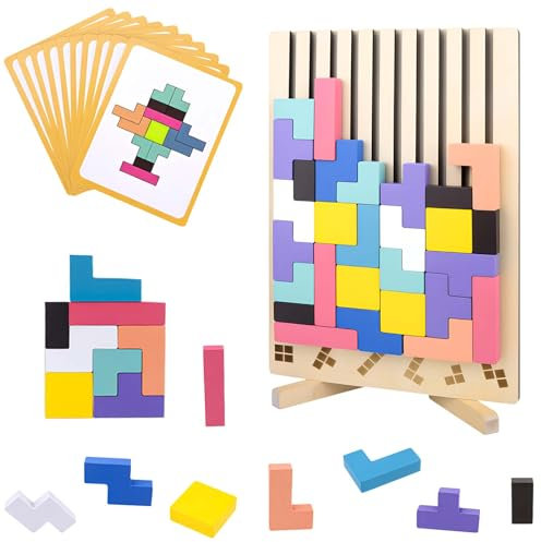 Bukbas Holzpuzzle Tetris Spielzeug, Montessori Lernspielzeug 3 4 5 6 Jahre, Bunt Geometrische Blöcke Tetris, 3D Holz Intelligenz Jigsaw, Geschenk für Kinder Jungen Mädchen