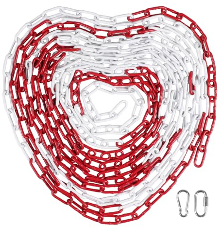 SWAWIS 10m Absperrkette Metall 5mm Dicke Rot-Weiße Warnkette | mit Karabinerhaken & Schnellverschlussringe,Gliederkette SicherheitsKette aus Verzinkter Stahl für Baustellen Straßen Garagen