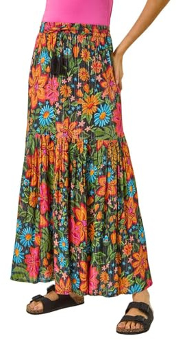 Roman Originals Floral Print Tiered A-Line Skirt for Women UK - Ladies Everyday Holiday Spring Summer Comfy Soft Evening Vacation Work Party - Noir Floral - Size 20