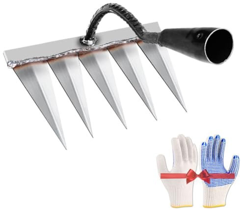 Mlthcig Robuste Gartenharke 2.0 aus Kohlenstoffstahl, Unkrautentferner mit Zinken, Manuelles Werkzeug zum Auflockern von Erde, Rasenpflege, Landschaftsbau, Hofreinigung und Gartenarbeiten(5-Tines)