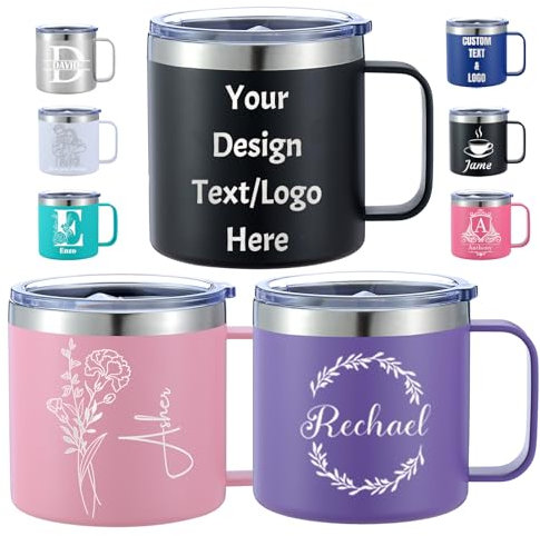 Rmaphy Gobelet à Café de Voyage Personnalisé 12 oz / 14 oz Tasse à Café en Acier Inoxydable Gravée avec Poignée Mug Isotherme Personnalisé Cadeau pour Femmes Hommes Enseignants Amis