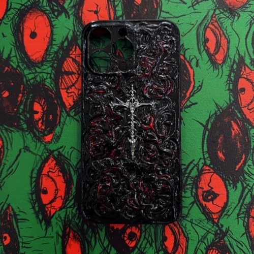 Unitvbba Handgefertigte 3D Gothic Monster Eye Handyhülle - Passgenau für alle Telefonmodelle - Einzigartig für Horror-Fans, Cosplay, Dark Aesthetic Lovers (Schwarzes und rotes Kreuz)