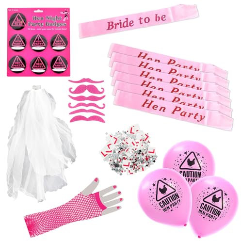 Hen Party Decorations Kit Pink Sashes, Badges, Veil, Balloons, Gloves, L-Plates & Moustaches Bride To Be Accessories Set