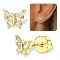 FIOROYAL Pendientes Plata de Ley 925 Mujer Niña Pendiente Hipoalergenicos Lindo y adorable Corazón Circonita Flor Lazo Fresa Hoja Pequeño Piercing Helix Tragus Pendiente de Aretes Plata/Oro