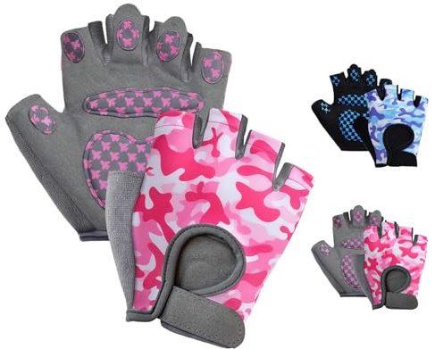 AMFUN Gants de Vélo sans Doigts pour Enfant,8x11cm Gants de Cyclisme pour Enfant 8-9 Ans, Antidérapant et Respirant pour Cyclisme Escalade Scooter Randonnée (Camouflage Rose)