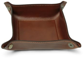 Handgefertigter Taschenleerer aus braunem Echtleder, Schreibtisch-Organizer mit Druckknöpfen, faltbares Tablett 15 x 15 cm, elegantes Design für persönliche Accessoires