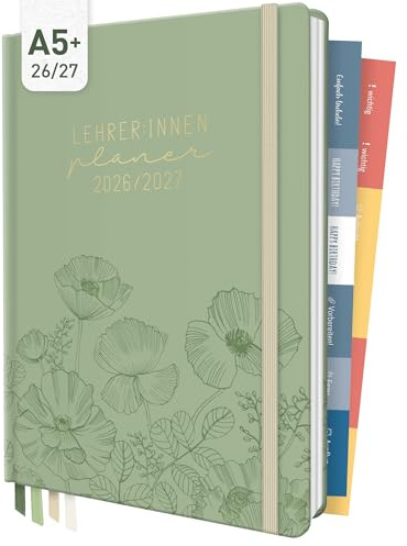 Häfft Lehrer-Planer 2026/2027 im A5+ Format Green Poppy | Praktischer Lehrerkalender & Schulplaner mit Hardcover, 4 Lesebändchen, Stickern, Notenlisten & vielem mehr!